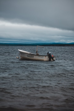 A small motorboat floats on a vast body of water under a cloudy sky. The boat, bearing the number 140251, is unoccupied and appears to be gently swaying with the movement of the waves.