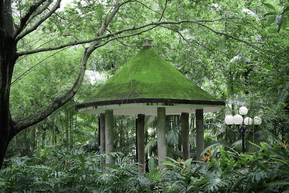 brown and green gazebo surrounded by green trees during daytime