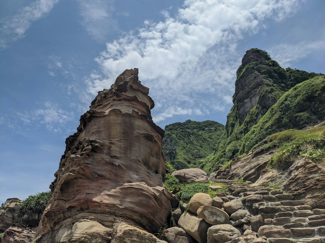 東北角南雅一帶海岸的風化砂岩，岩石表面有一層層紋理，後方是長滿綠草的岬角
