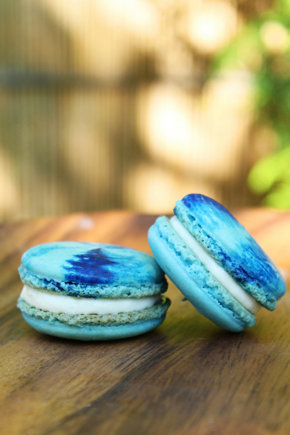 blue and white round cookies on brown wooden table