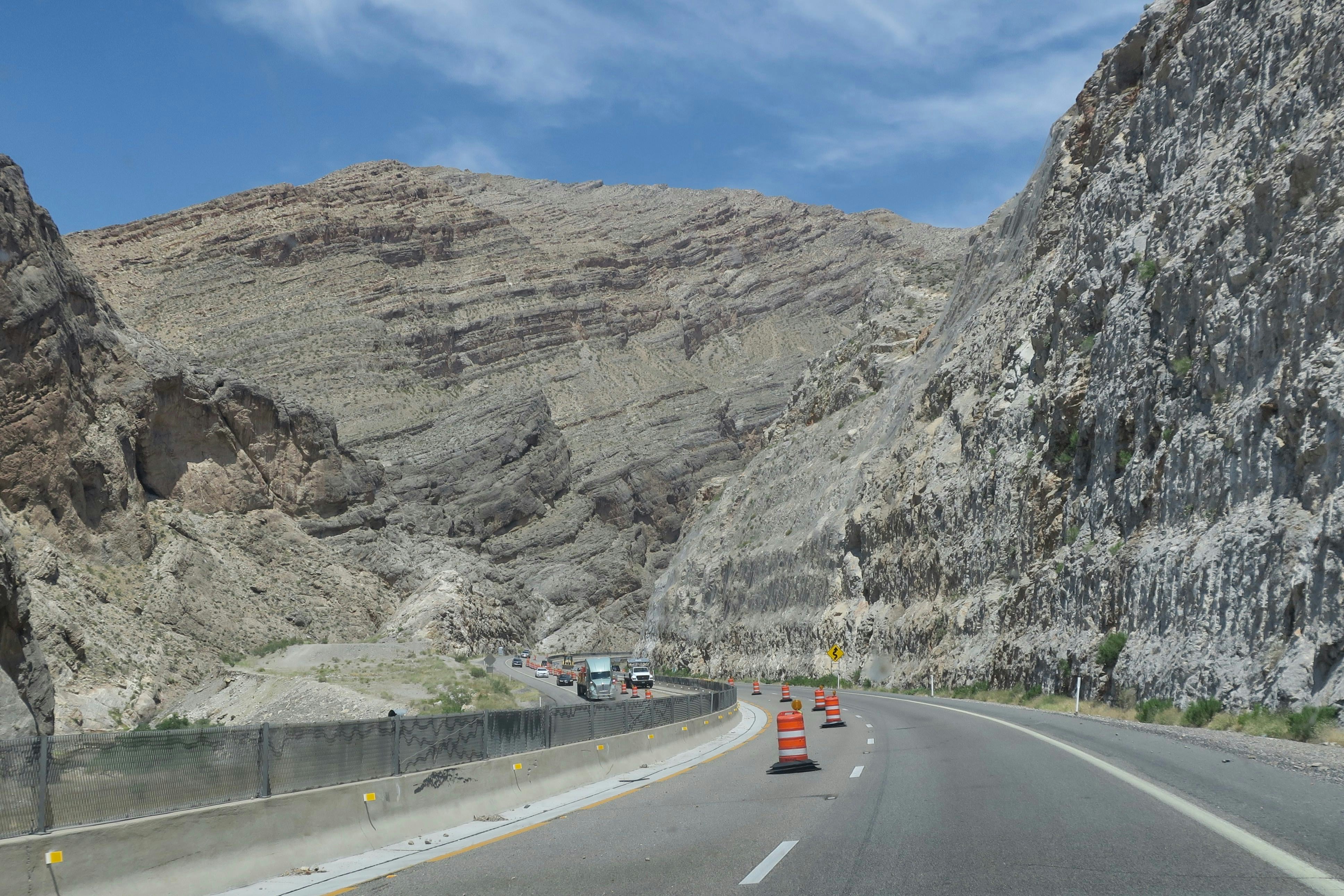 Driving north on I-15 through the Virgin River Gorge with road construction.