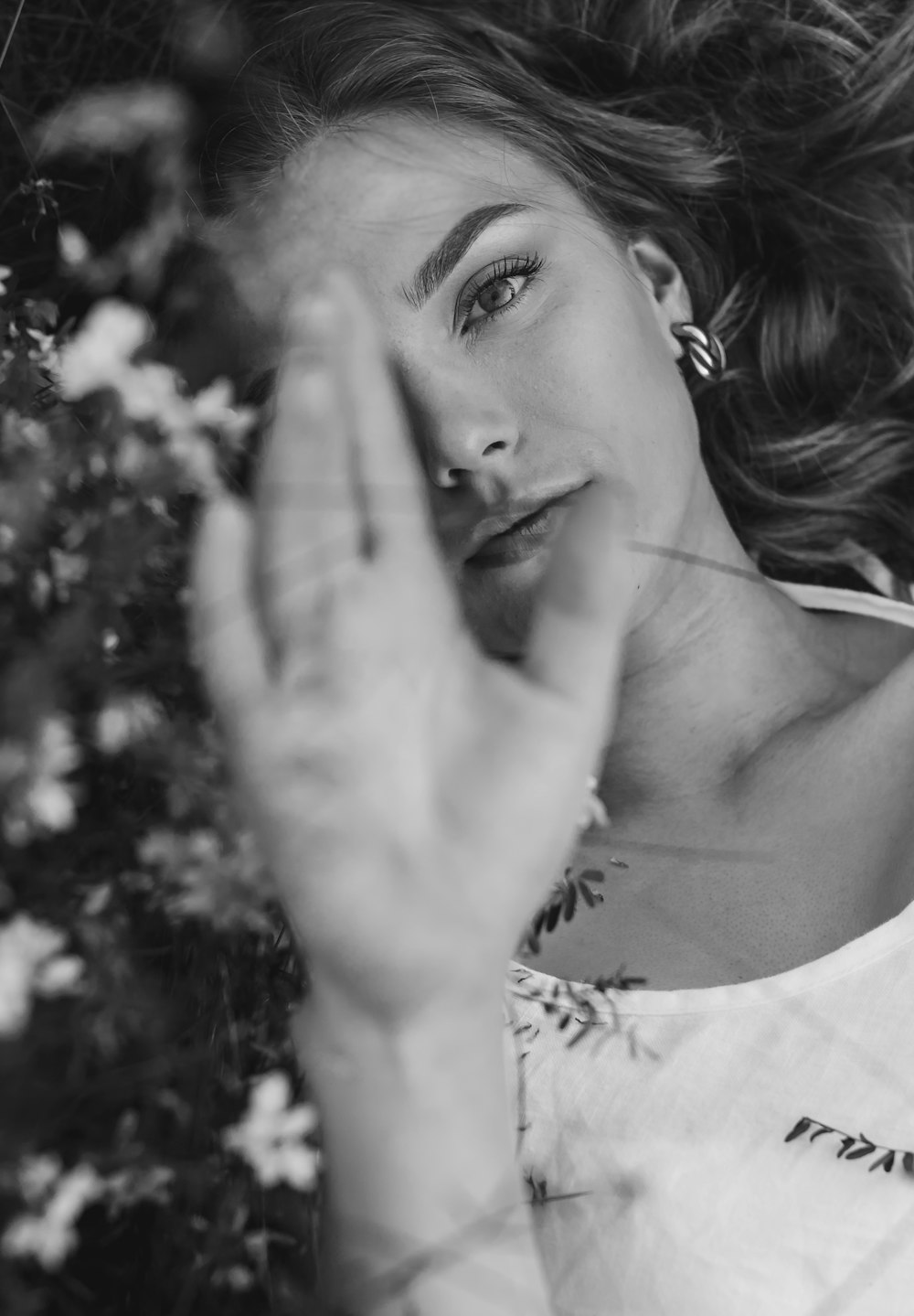 woman in white floral dress