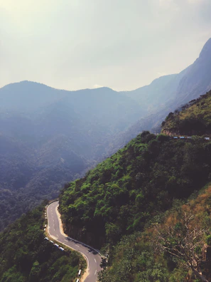 A panoramic view of winding roads cutting through lush green hills.