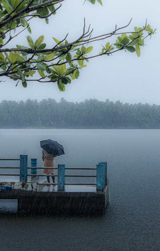 blue wooden bench near body of water during daytime in Kannur India