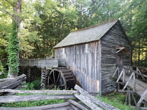 A rustic wooden mill with a large water wheel sits amidst a lush forest setting. The structure is weathered, with a sloping roof and wooden planks forming its walls. The surrounding area is dense with green foliage, and a wooden fence runs alongside the mill.