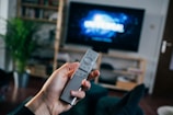 A hand holding a remote control points towards a large TV screen with the Universal logo displayed. The room includes a wooden shelf with books and a plant, and appears cozy and lived-in.