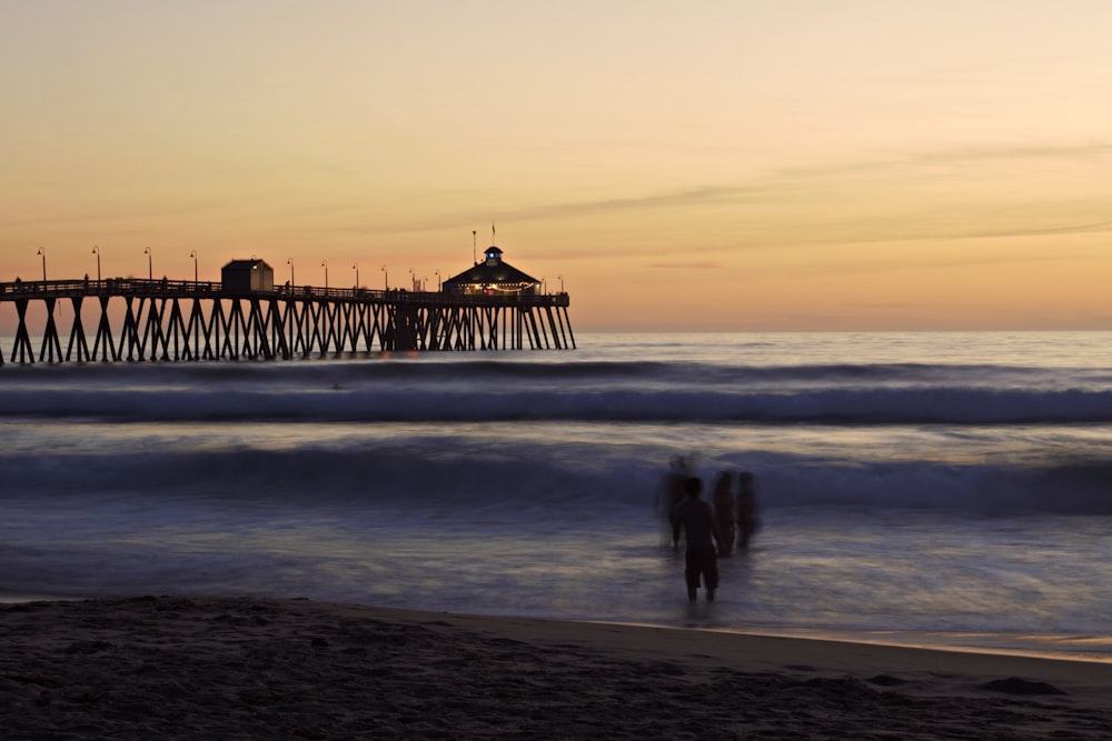 silhouette of 2 person standing on beach during sunset