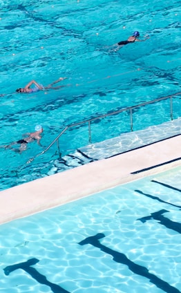 A group of swimmers training in an outdoor pool under a bright sky.