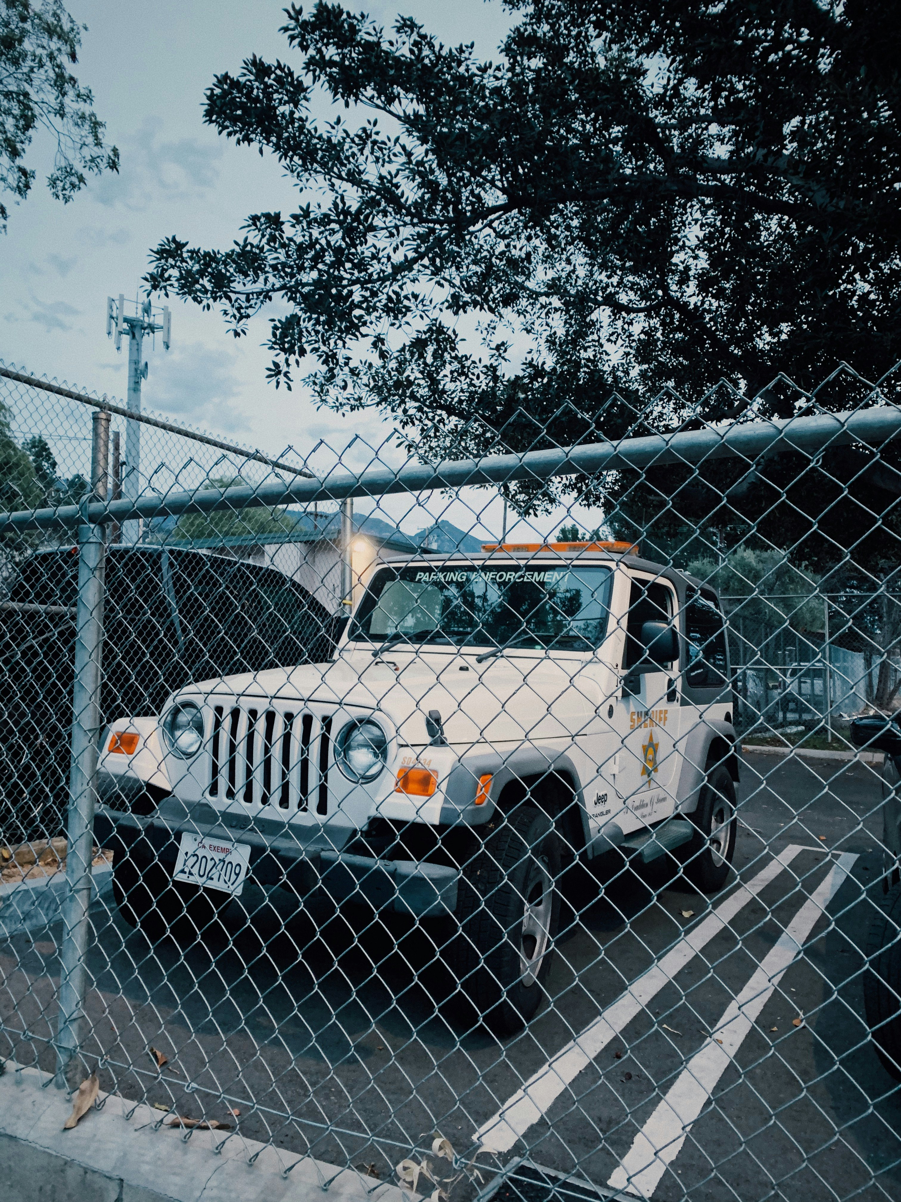 white and black jeep wrangler parked beside gray metal fence