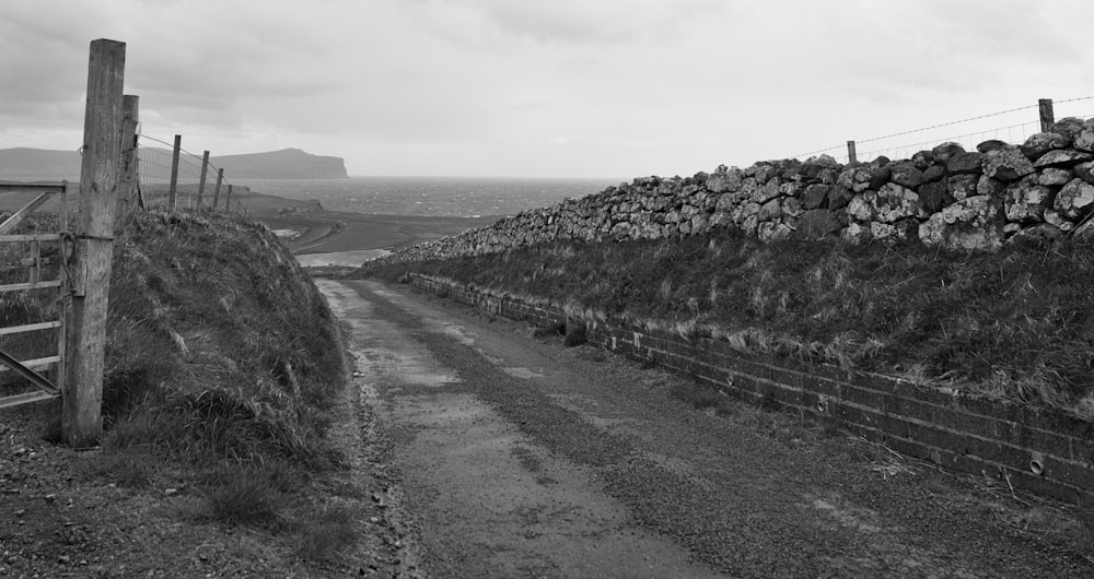 grayscale photo of a road in the middle of a field