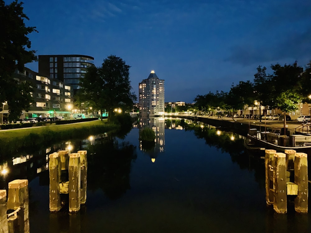 body of water near high rise buildings during night time