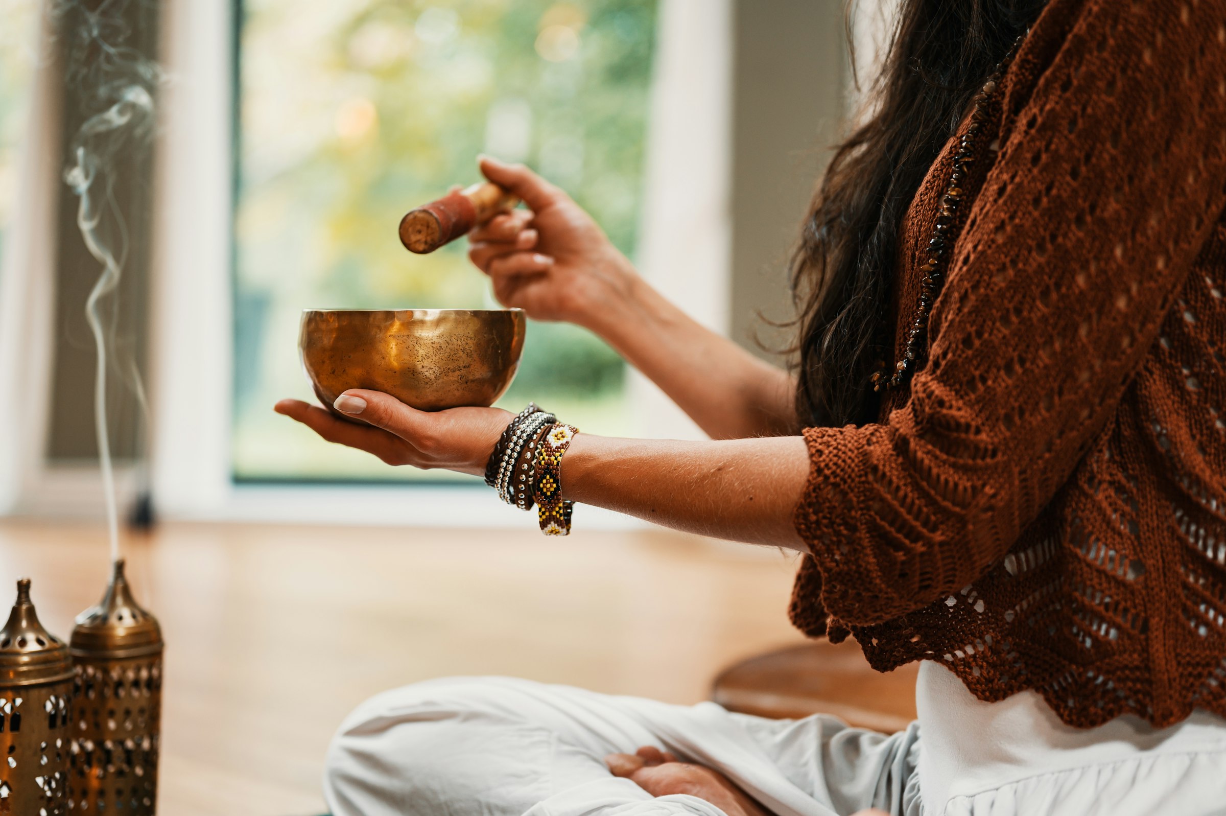 Peaceful meditation scene at sunset