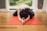 A person is practicing yoga on a red yoga mat indoors. They are in a child's pose position with arms extended forward and forehead touching the mat. The room has a wooden floor and large windows allowing natural light to enter.