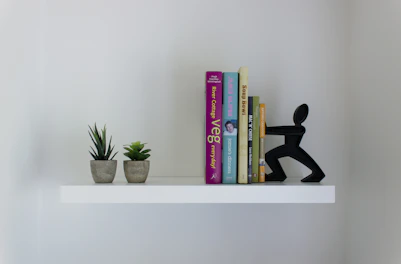 A minimalist white shelf mounted on a wall with neatly arranged books and small art pieces.