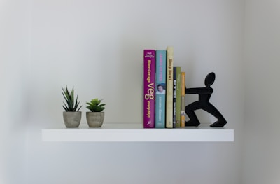 A sleek minimalist wrought iron bookshelf standing against a white wall with a few art books and decor pieces.