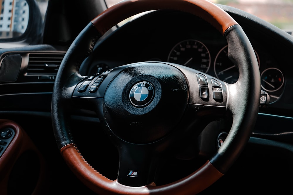 black and brown bmw steering wheel