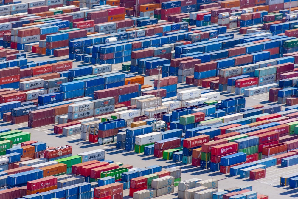 red blue and white plastic crates