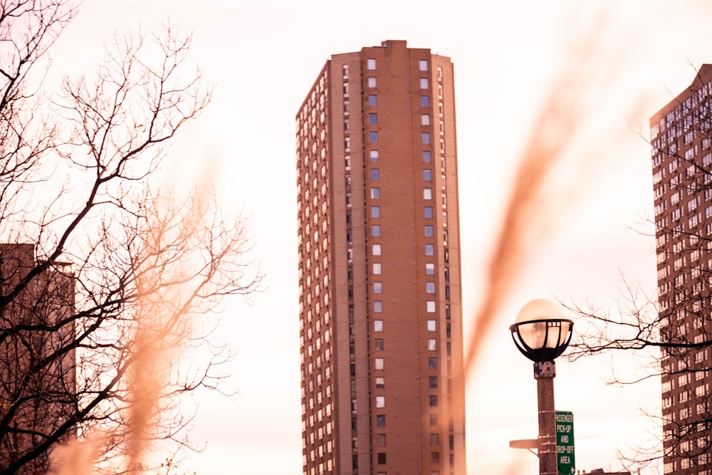 Farola negra cerca de un edificio de gran altura marrón durante el día