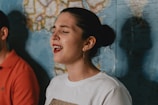 woman in white crew neck shirt