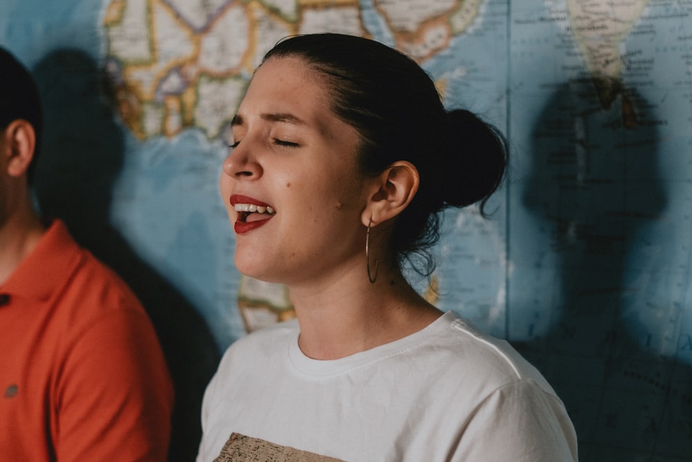 woman in white crew neck shirt