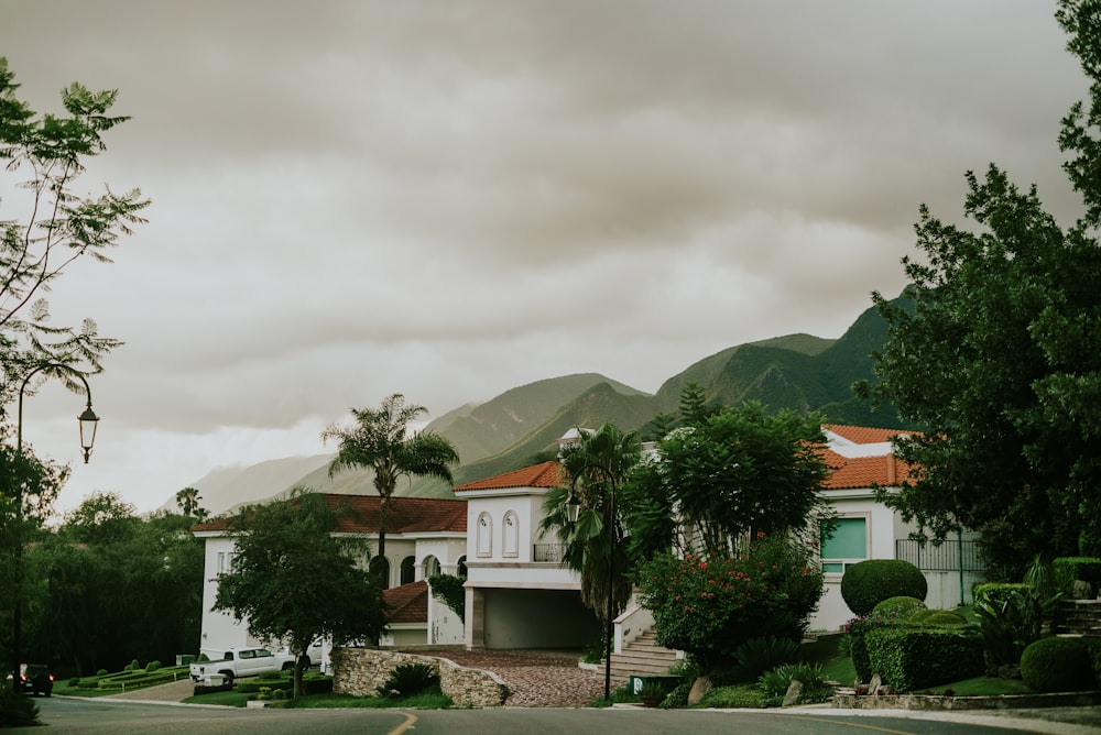 white and brown concrete house near green trees and mountain under white clouds during daytime