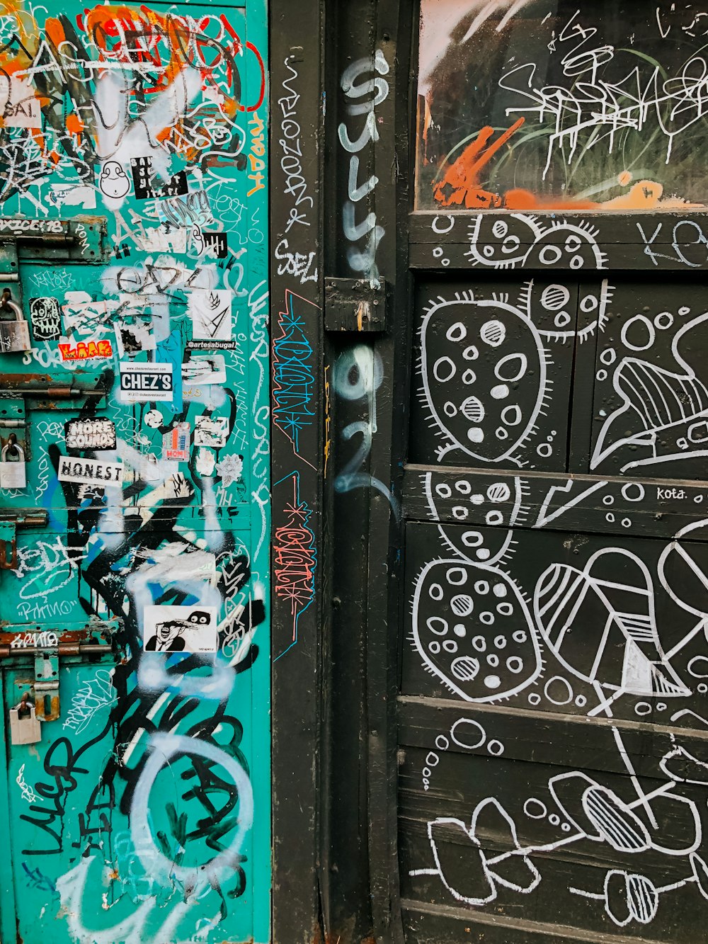 blue and white metal door