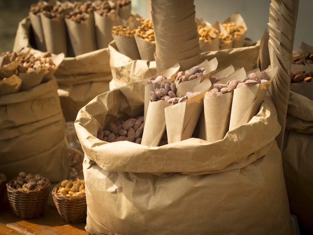 brown paper bags with white and pink ice cream