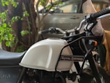 A motorcycle with a white fuel tank and black frame, prominently displaying the Royal Enfield logo. The bike is parked near a tree with vibrant green foliage and a car in the background. The handlebar grips and dashboard are visible, indicating it is a Royal Enfield Himalayan model.