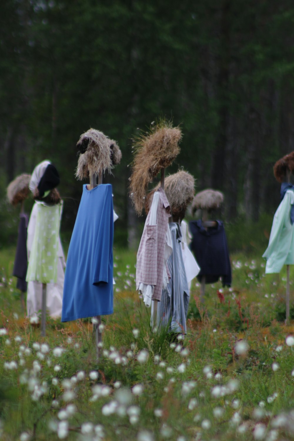 昼間、緑の芝生の野原に立つ白と青のドレスを着た女性