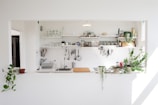A well-organized and minimalistic kitchen features open shelving with neatly arranged glassware, jars, and kitchen utensils. Several green plants add a touch of nature, complementing the predominantly white decor. A stainless steel sink is located centrally, with various cooking essentials positioned around it.