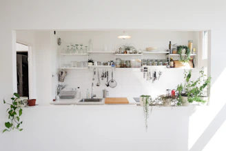 A sleek, minimalist kitchen with neatly organized cleaning supplies in neutral tones.