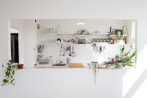 A well-organized and minimalistic kitchen features open shelving with neatly arranged glassware, jars, and kitchen utensils. Several green plants add a touch of nature, complementing the predominantly white decor. A stainless steel sink is located centrally, with various cooking essentials positioned around it.