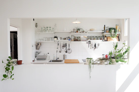 A bright, minimalist kitchen with sleek storage solutions neatly arranged, reflecting a modern and organized lifestyle.