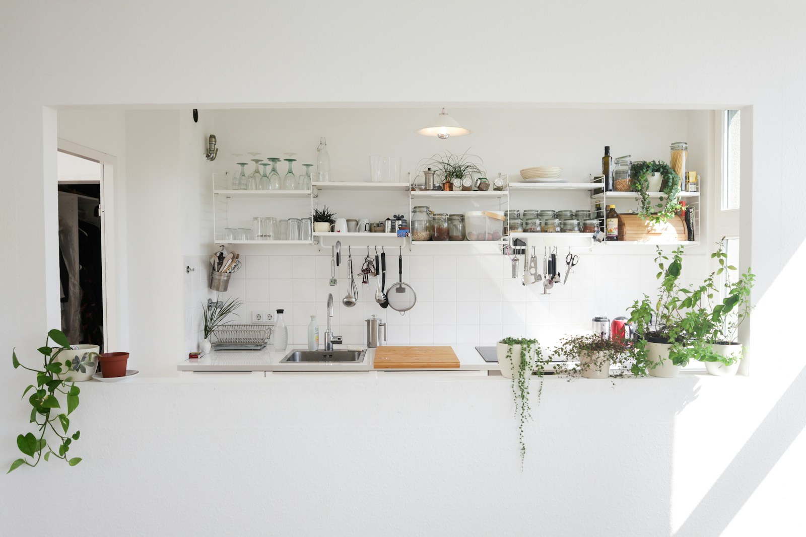 bright apartment kitchen with open white shelves, glasses, plants, and natural light