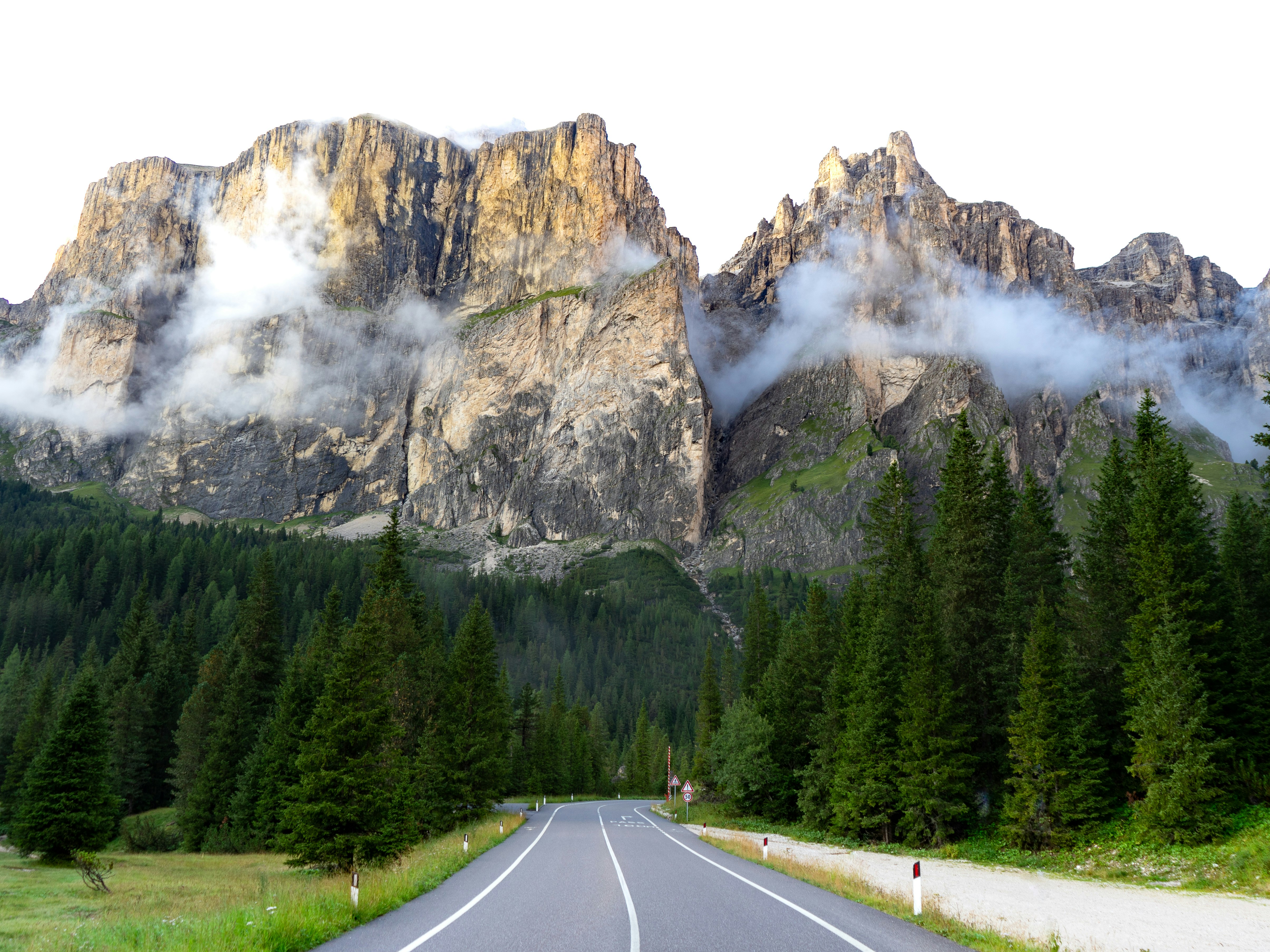 gray concrete road near green trees and mountain during daytime