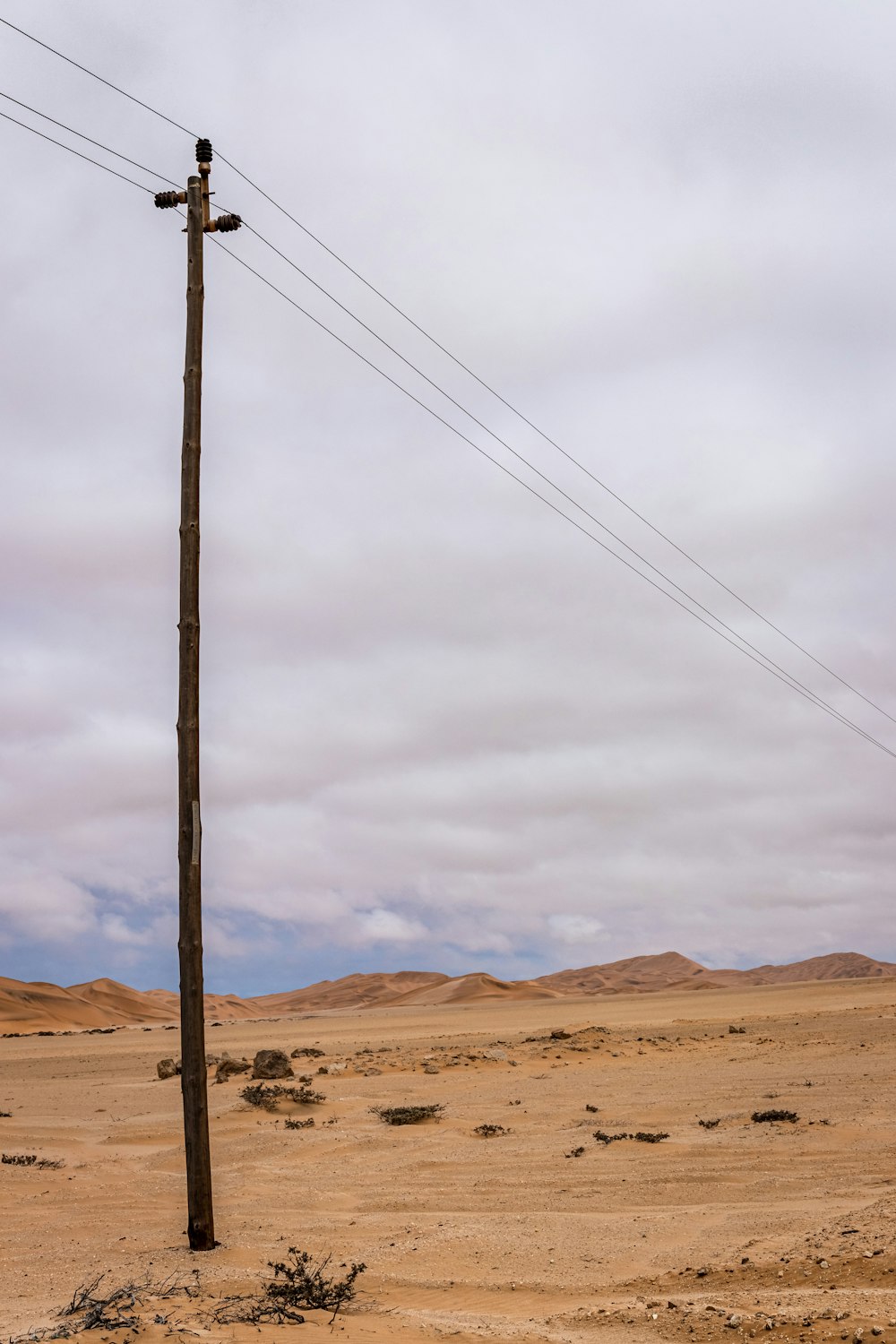 poste eléctrico de madera marrón en arena marrón bajo cielo nublado blanco durante el día