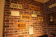 A red brick wall displays a variety of old signs and notices related to historical diseases. Prominent large signs include labels for chicken pox, small pox, diphtheria, measles, erysipelas, and whooping cough. Smaller signs display quarantine notices and information about influenza. There is also a sign related to mining camp medicine on the right side.