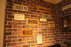A red brick wall displays a variety of old signs and notices related to historical diseases. Prominent large signs include labels for chicken pox, small pox, diphtheria, measles, erysipelas, and whooping cough. Smaller signs display quarantine notices and information about influenza. There is also a sign related to mining camp medicine on the right side.