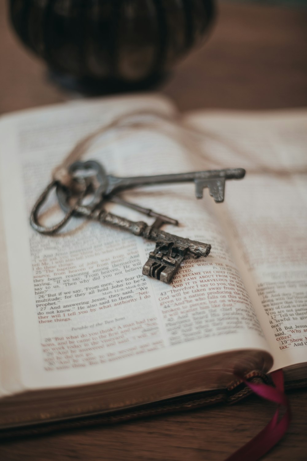 silver skeleton key on book page