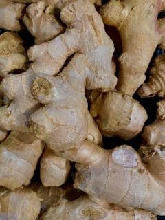 A close-up view of several ginger roots with rough, light brown skin and knobby surfaces.