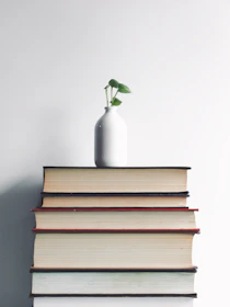 A minimalist bookshelf with a selection of poetry books and a small plant.