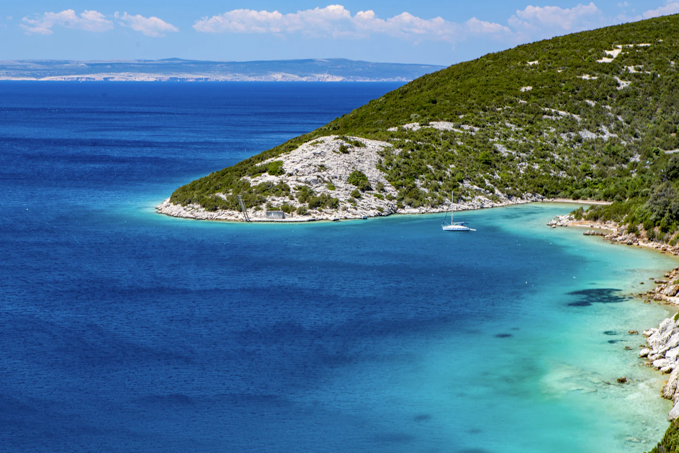 A pine-fringed Adriatic bay with clear turquoise water seen from above