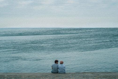 Two people sit together on a stone embankment, facing a vast, serene body of water under an overcast sky. Their closeness and the tranquil setting suggest a moment of quiet companionship.