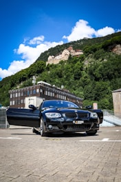 A welcoming driver opens the door of a sleek car in front of a scenic Australian city skyline.