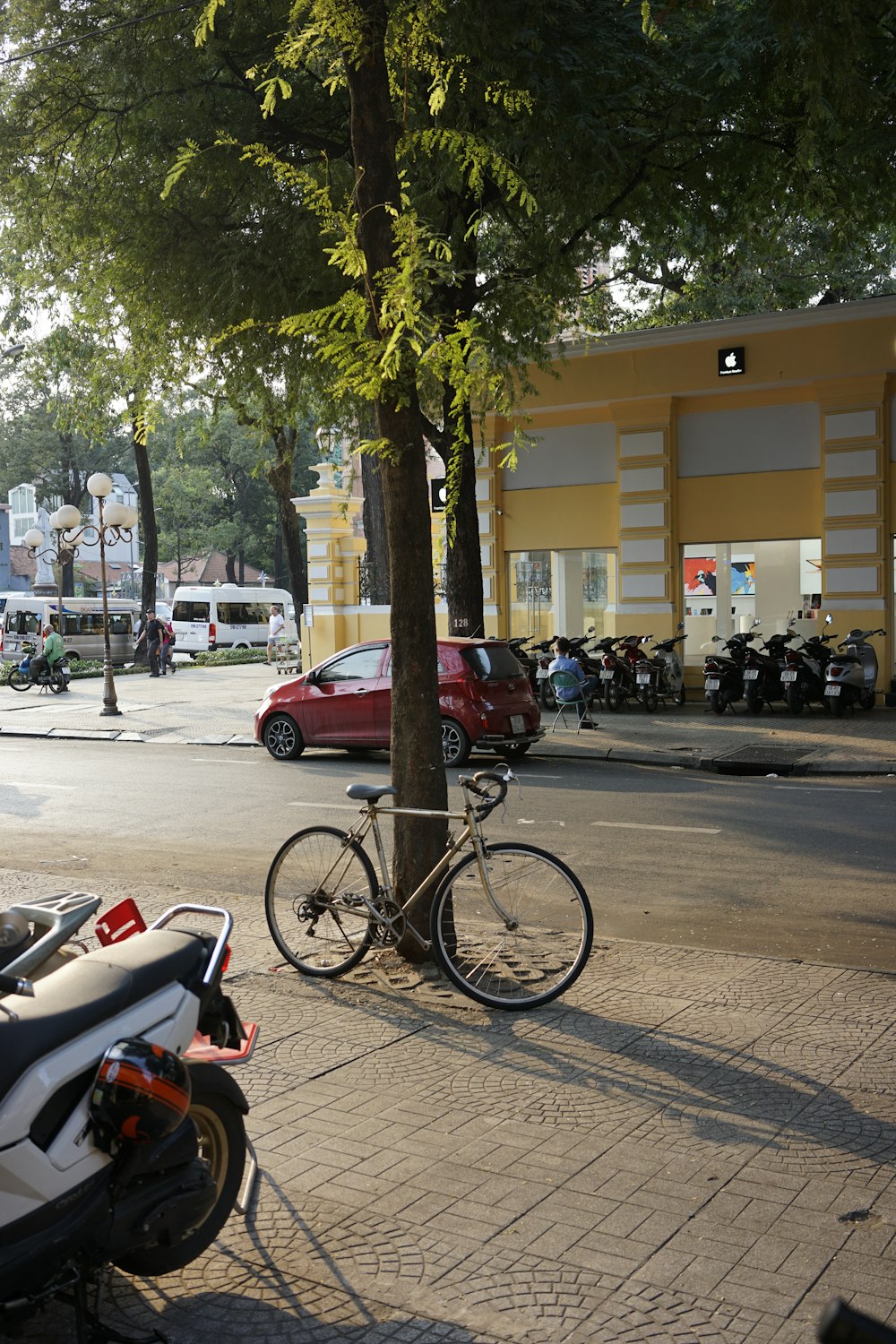 white and black motor scooter parked beside green tree during daytime