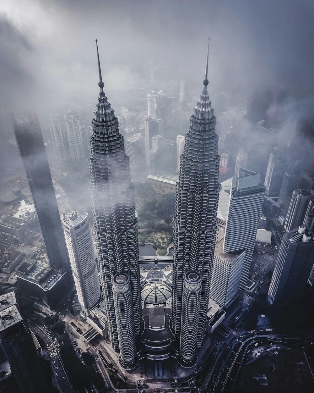 aerial view of city buildings during night time