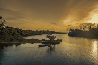 A peaceful riverside scene at sunset with a small boat and lush greenery.