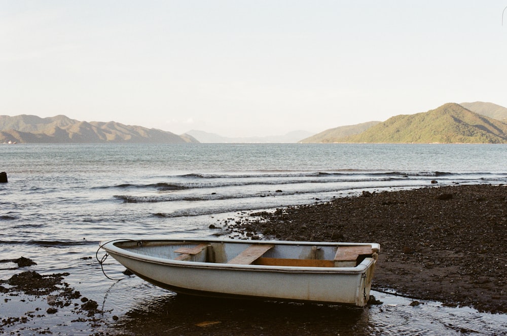 white and brown boat on shore during daytime