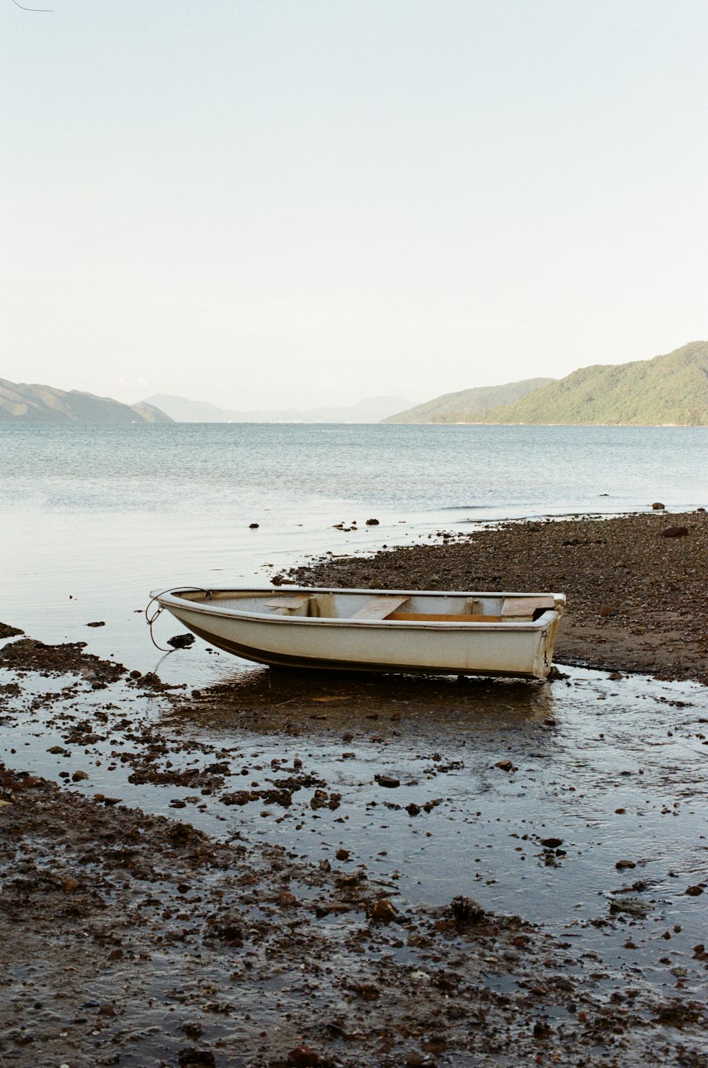 white and blue boat on shore during daytime