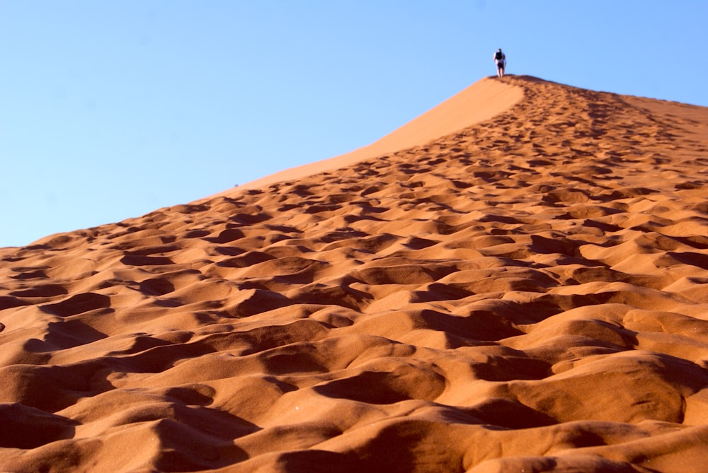 Person, die tagsüber auf braunem Sand unter blauem Himmel steht